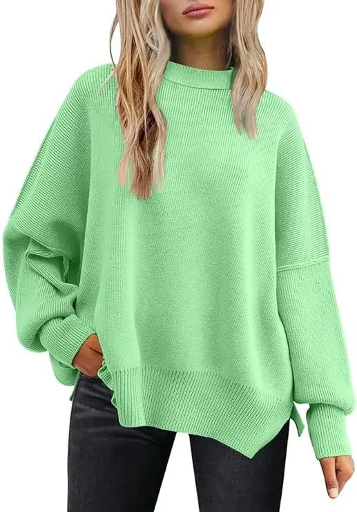 Women's Knitted Side Slit Pullover Green - Shop at LoveMi