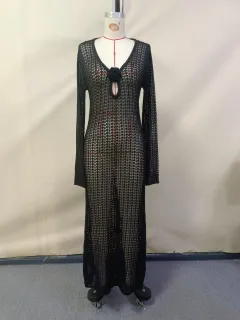 Knitted Pullover V-neck A- Line Skirt Dress - Black - View 1