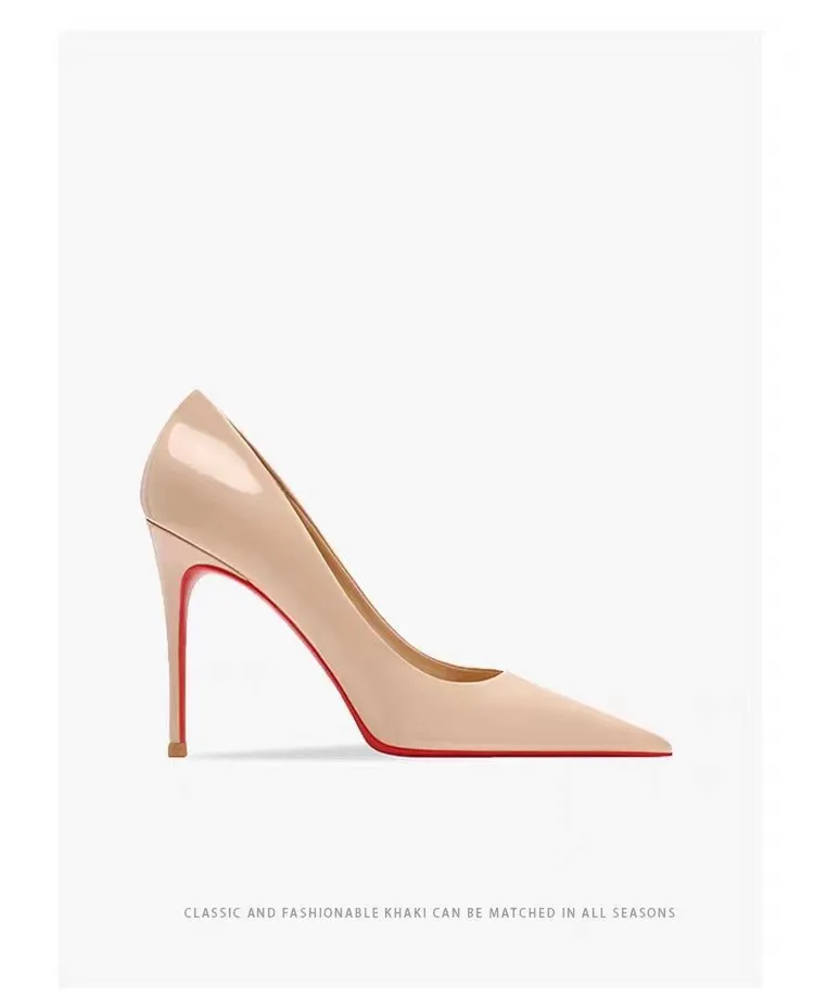 Women's Pointed Low-cut Patent Leather High Heels - Nude