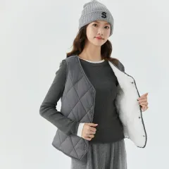 Women's Short Autumn And Winter Velvet Vest - Dark Grey With Fleece Lining - View 1