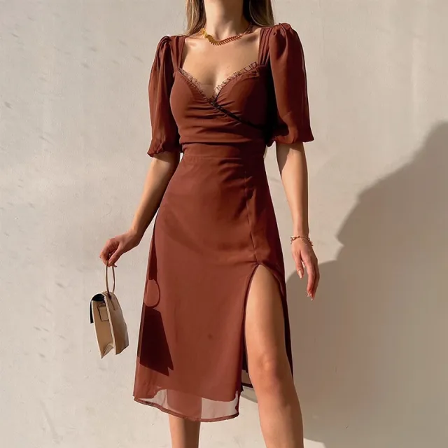 Female Slit Fashionable French Low Cut Dress Dark Brown - Shop at LoveMi