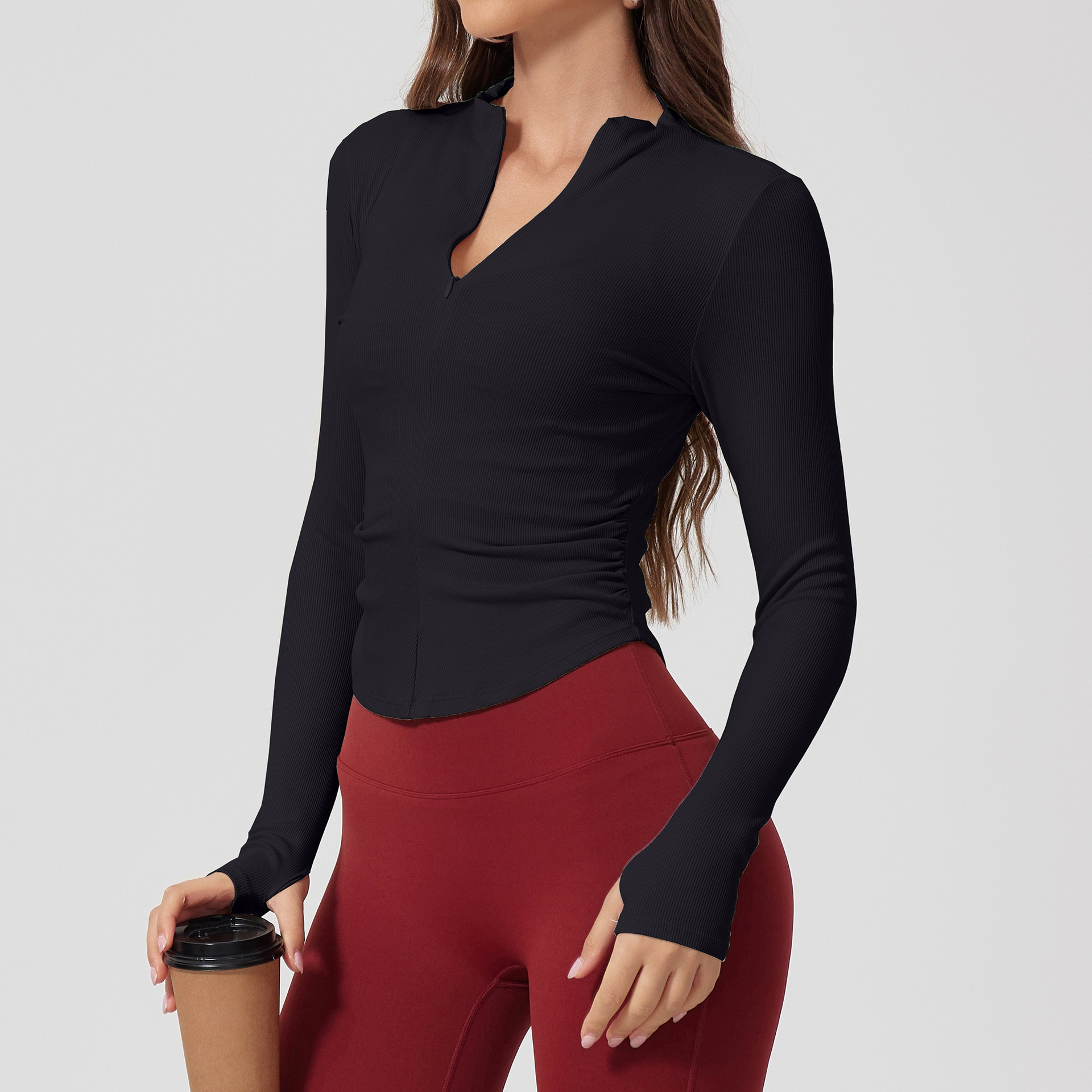 Tight Nude Feel Long Sleeve Thread T shirt Yoga Clothes Outdoor Sports Top Black - Shop at LoveMi