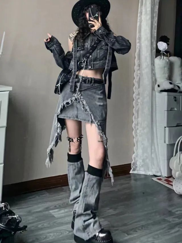 Asian Culture Y2g Denim Smoky Gray Irregular High Waist Skirt - Shop at LoveMi