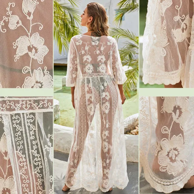 Lace Long Embroidered Cardigan Bandage Swimsuit Bikini Cover up Red - Shop at LoveMi