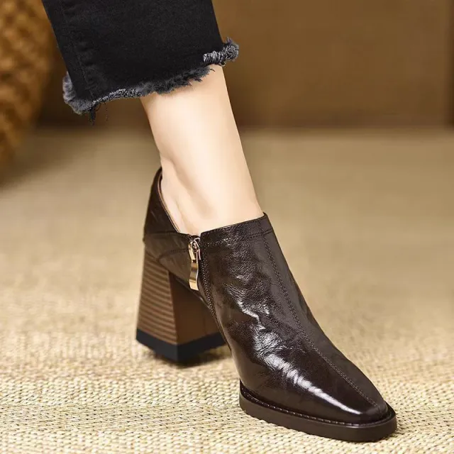 Chunky Heel Side Zip Women's High Heels Brown - Shop at LoveMi