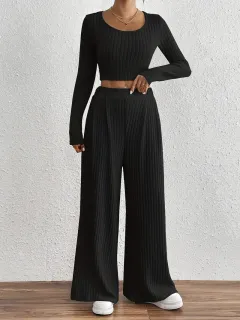 Solid Colour Rib Knitted Trousers Mid-waisted Figure Flattering Women's Casual Suits - Black - View 1