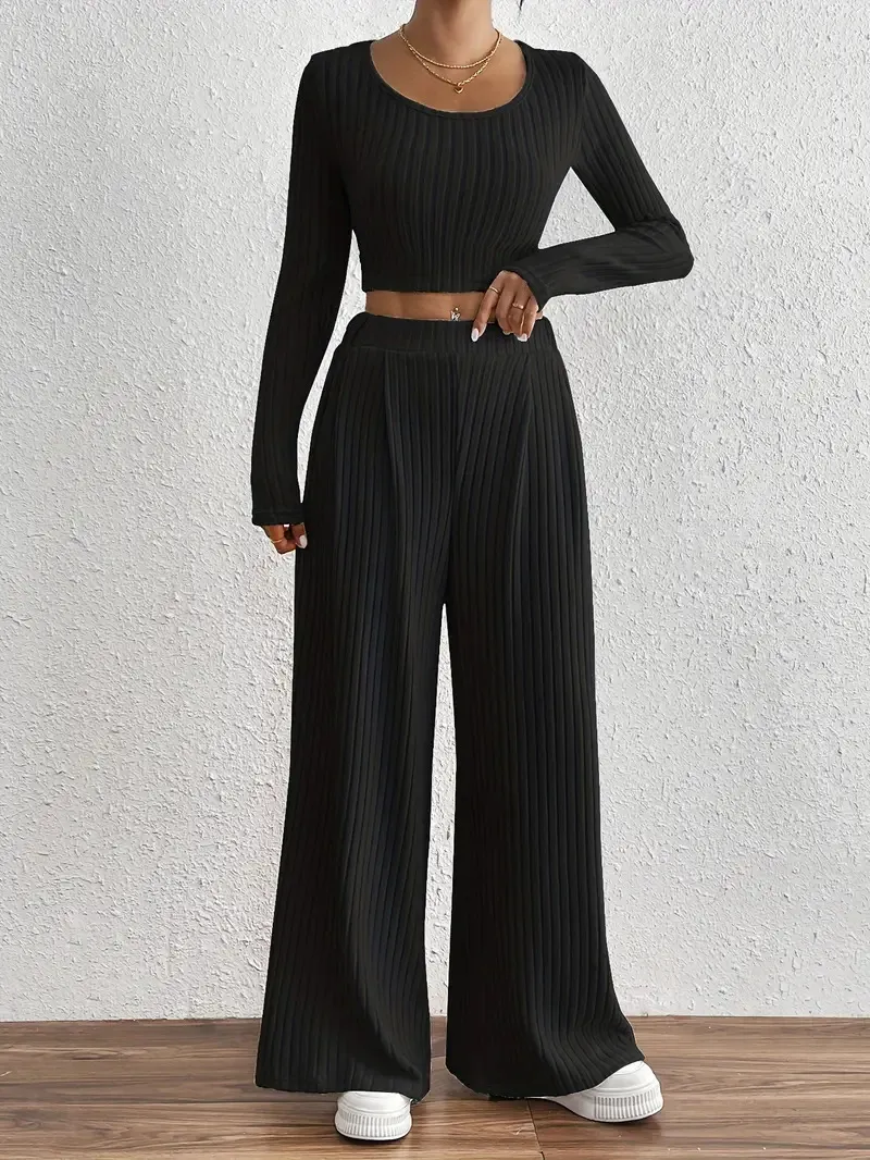 Solid Color Rib Knitted Trousers Mid-waisted Figure Flattering Women's Casual Suits - Black