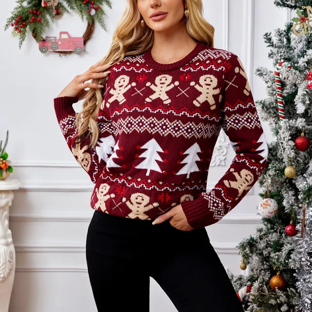 Gingerbread Man Jacquard Leisure Pullover Sweater Wine Red Christmas Sweater - Shop at LoveMi