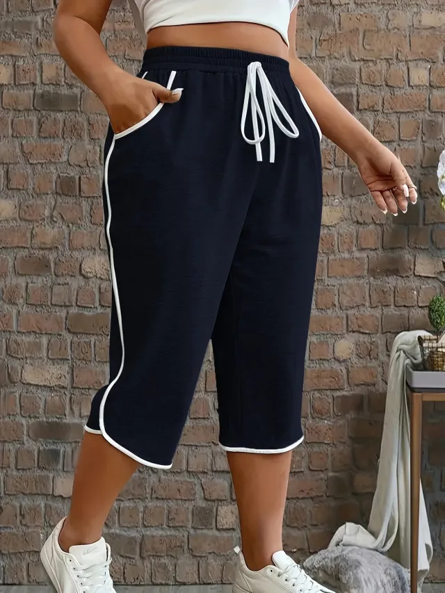 Womens Color Block Comfortable Stretch Cropped Pants Black - Shop at LoveMi
