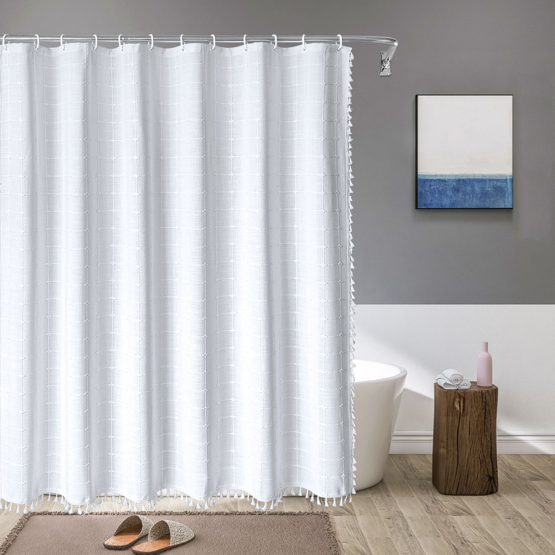 Tencel-linen Checkered Tassel Bathroom Checkered Partition Curtain Waterproof Shower Curtain