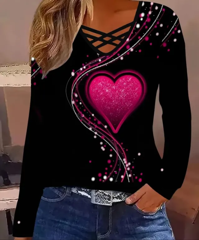 Women's Casual Long Sleeve Top With A Heart Patterned V Neck Rose Red - Shop at LoveMi