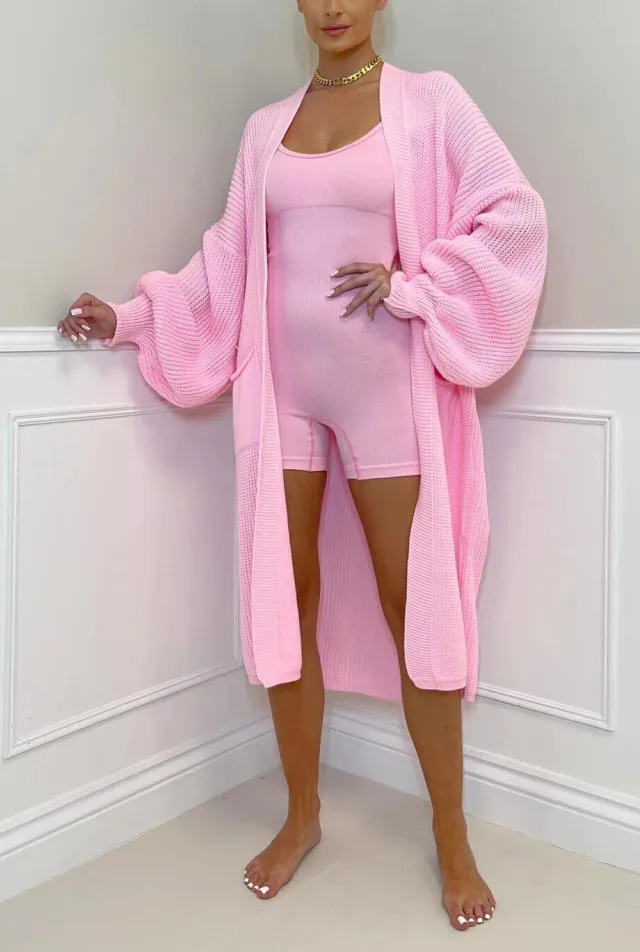 Solid Color Knitwear Pocket Cardigan Mid length Sweater Women's Coat Pink - Shop at LoveMi
