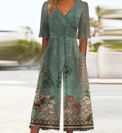 V neck Printed Trousers One piece Straight Wide leg Pants Army Green - Shop at LoveMi