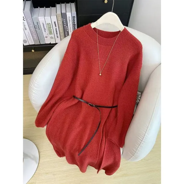 Winter Outfit A Full Set Of French Retro Dresses For Women Red Belt - Shop at LoveMi