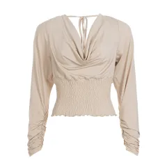 Swing Collar Backless Slim Fit Long-sleeved T-shirt Women - Skin Colour - View 1