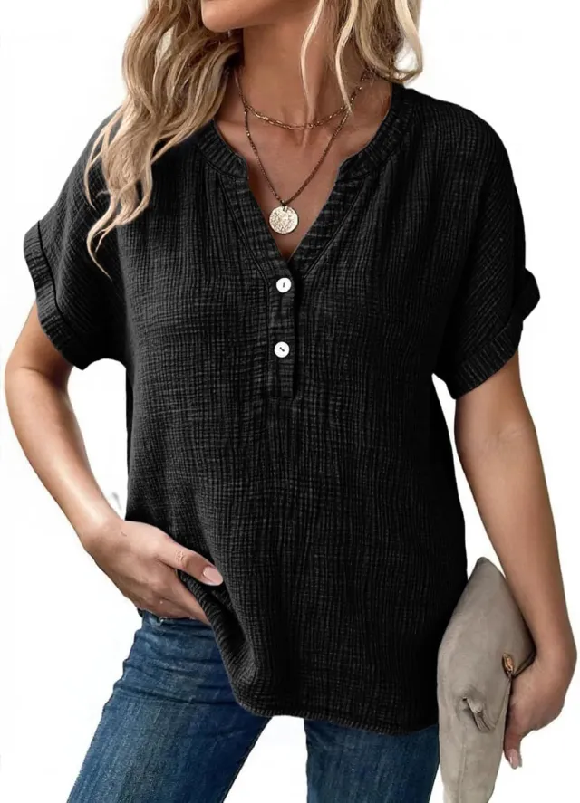 Women's Casual Button up Short sleeve Top Black - Shop at LoveMi