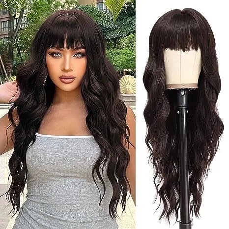 Fashion Air Bangs Long Curly Wig Black Brown - Shop at LoveMi
