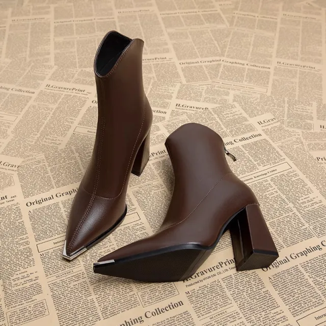Pointed Toe Chunky Heel High grade Booties Women Brown - Shop at LoveMi