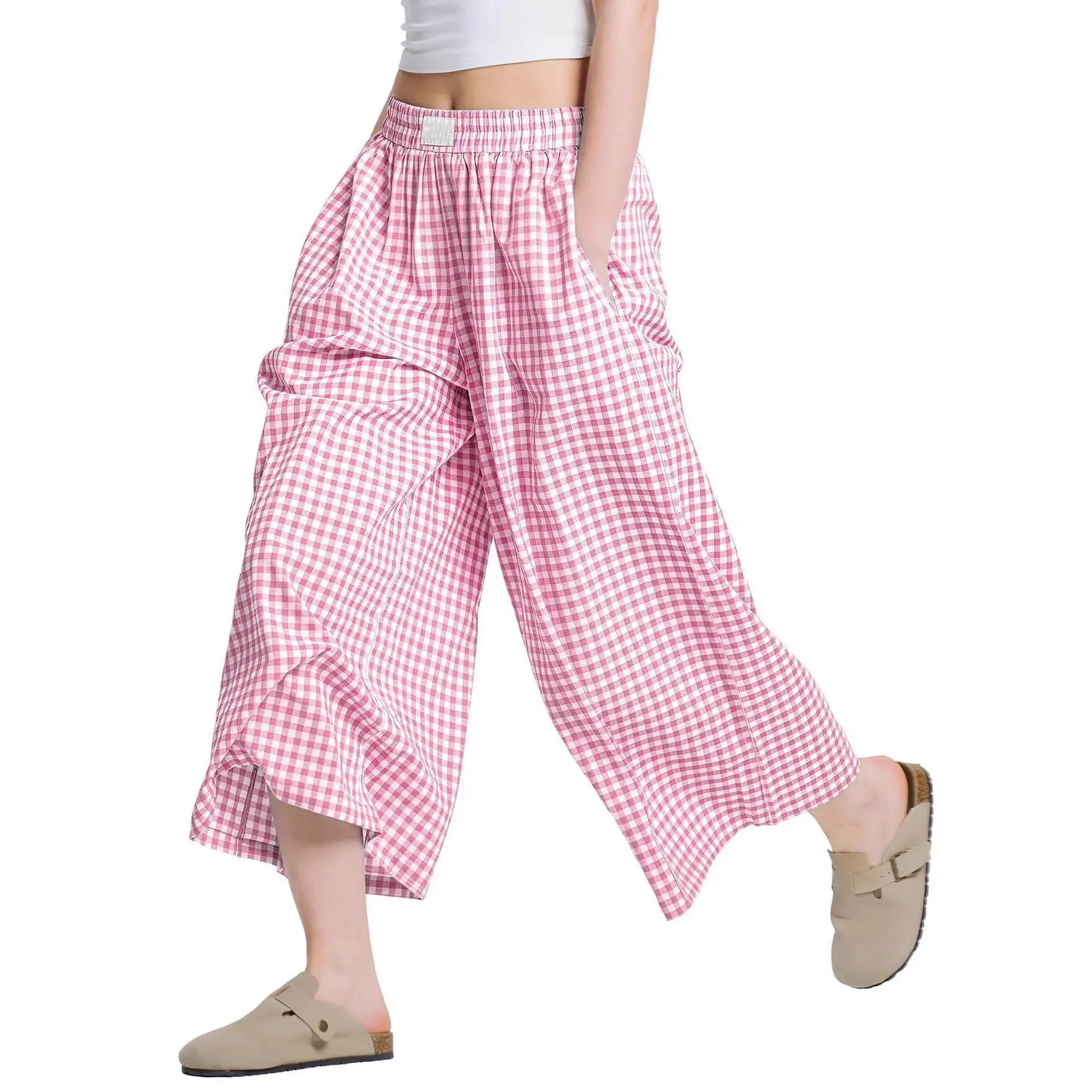 Linen Plaid Casual Loose Slimming Lazy Wide-leg Pants