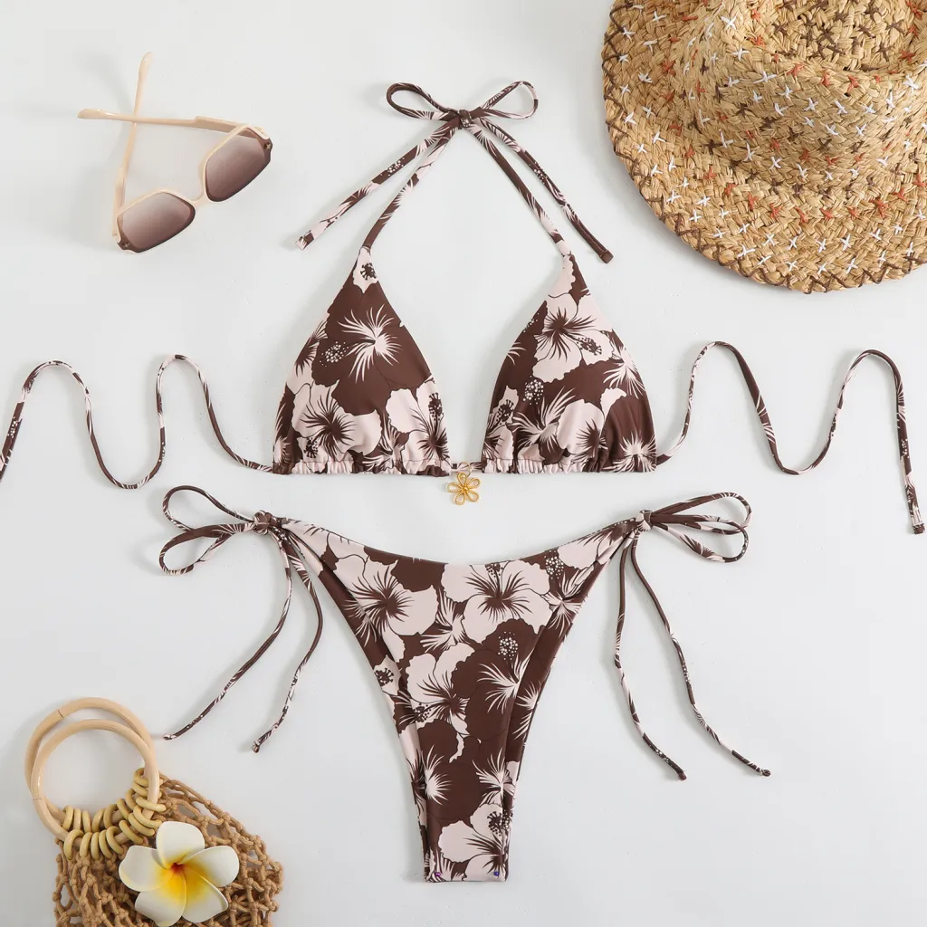 Double-sided Bikini Printed Polo Neck Lace-up Swimsuit - Brown