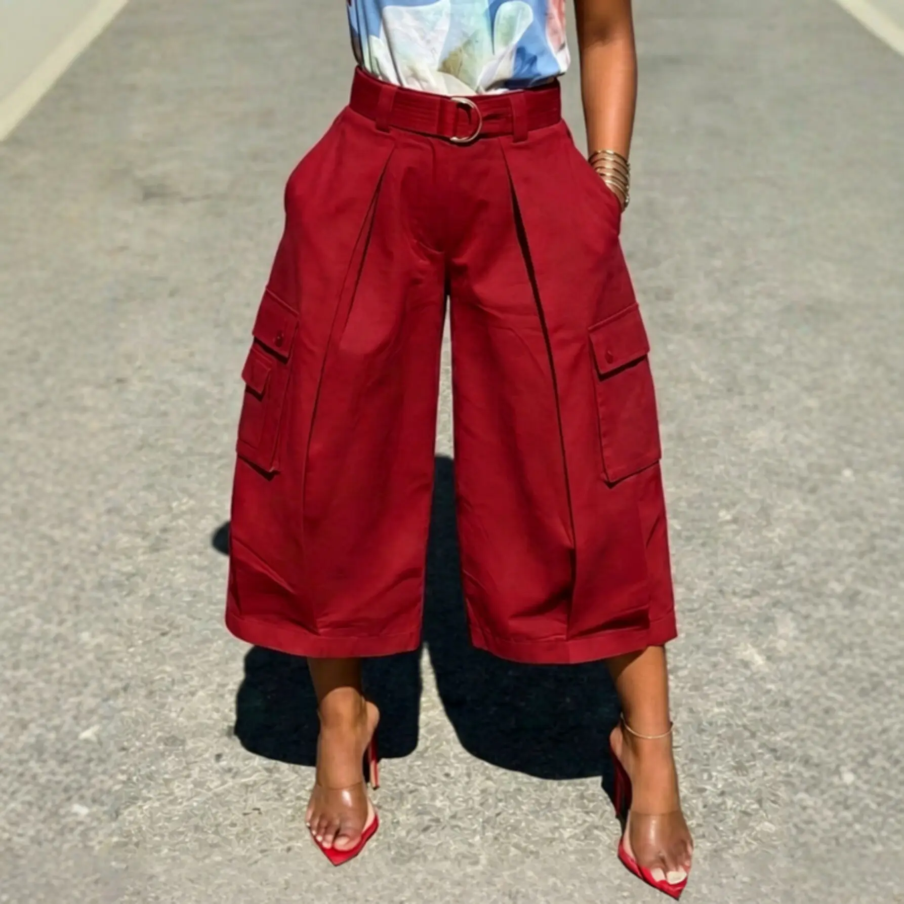 Womens High-waisted American-style Casual Wide-leg Pants