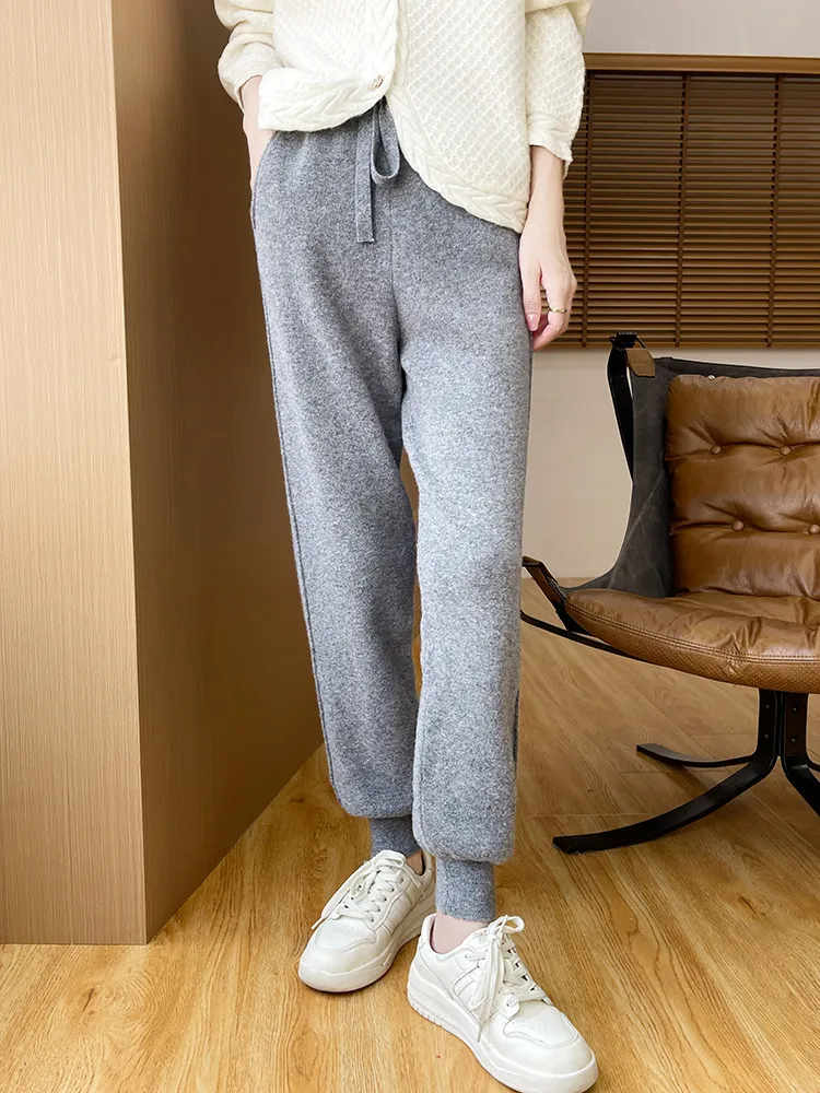 Autumn And Winter Wool Knitted Loose Slimming Loose Tapered Pants - Gray