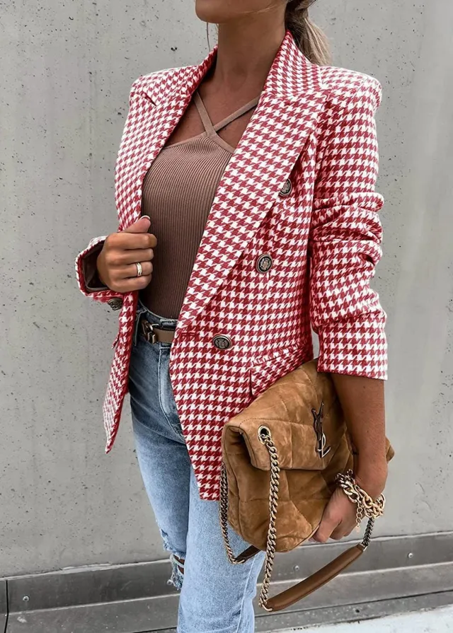 Houndstooth Printed Casual Coat Slim Fit Small Business Suit Red - Shop at LoveMi