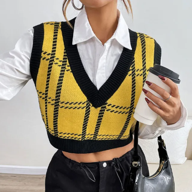 Women's V neck Plaid Waistcoat Yellow - Shop at LoveMi