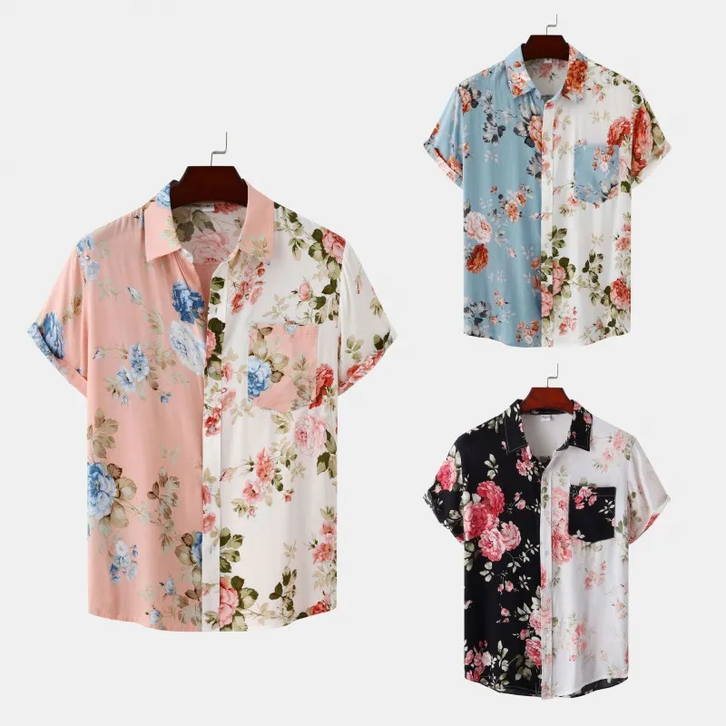 Men's Floral Stitching Short-sleeved Shirt