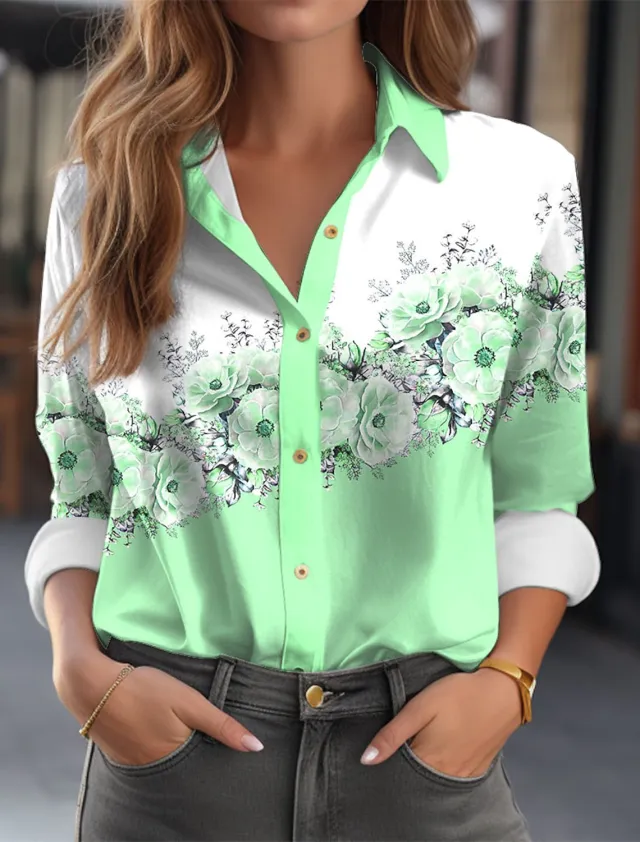 Women's Color Matching Printed Long sleeved Lapel Button Shirt 3V5Yy5Z 7Xl - Shop at LoveMi