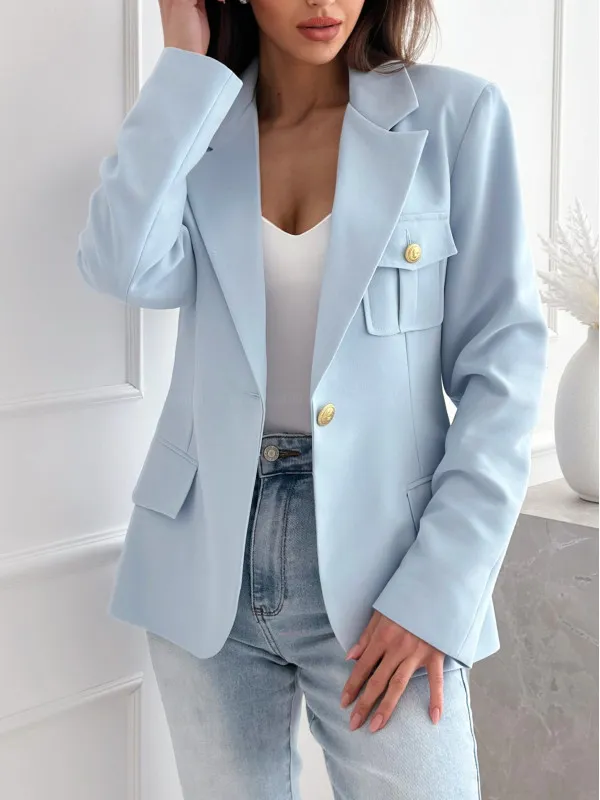 Double Breasted Solid Color Suit Small Coat For Women Sky Blue - Shop at LoveMi