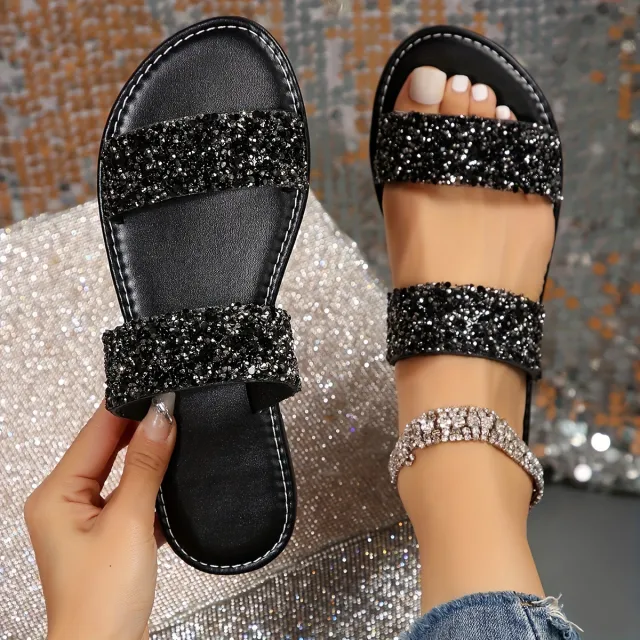 Rhinestone Lightweight Flat Slides Women's Double Bands Black - Shop at LoveMi