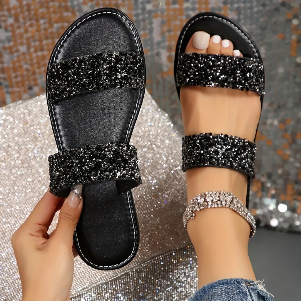 Rhinestone Lightweight Flat Slides - Women's Double Bands - Black