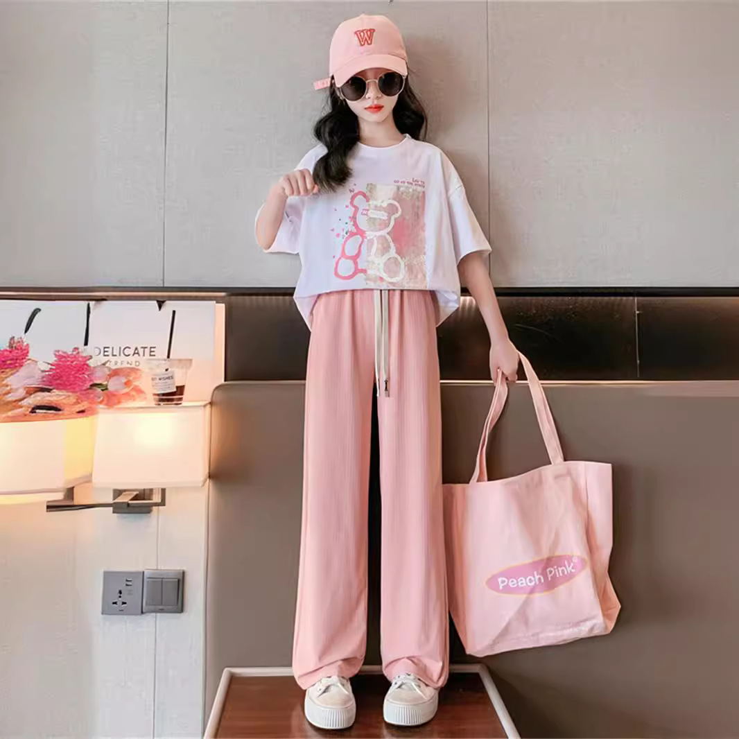 Children&#39;s summer thin fashionable big kids ice silk wide-leg pants two-piece set