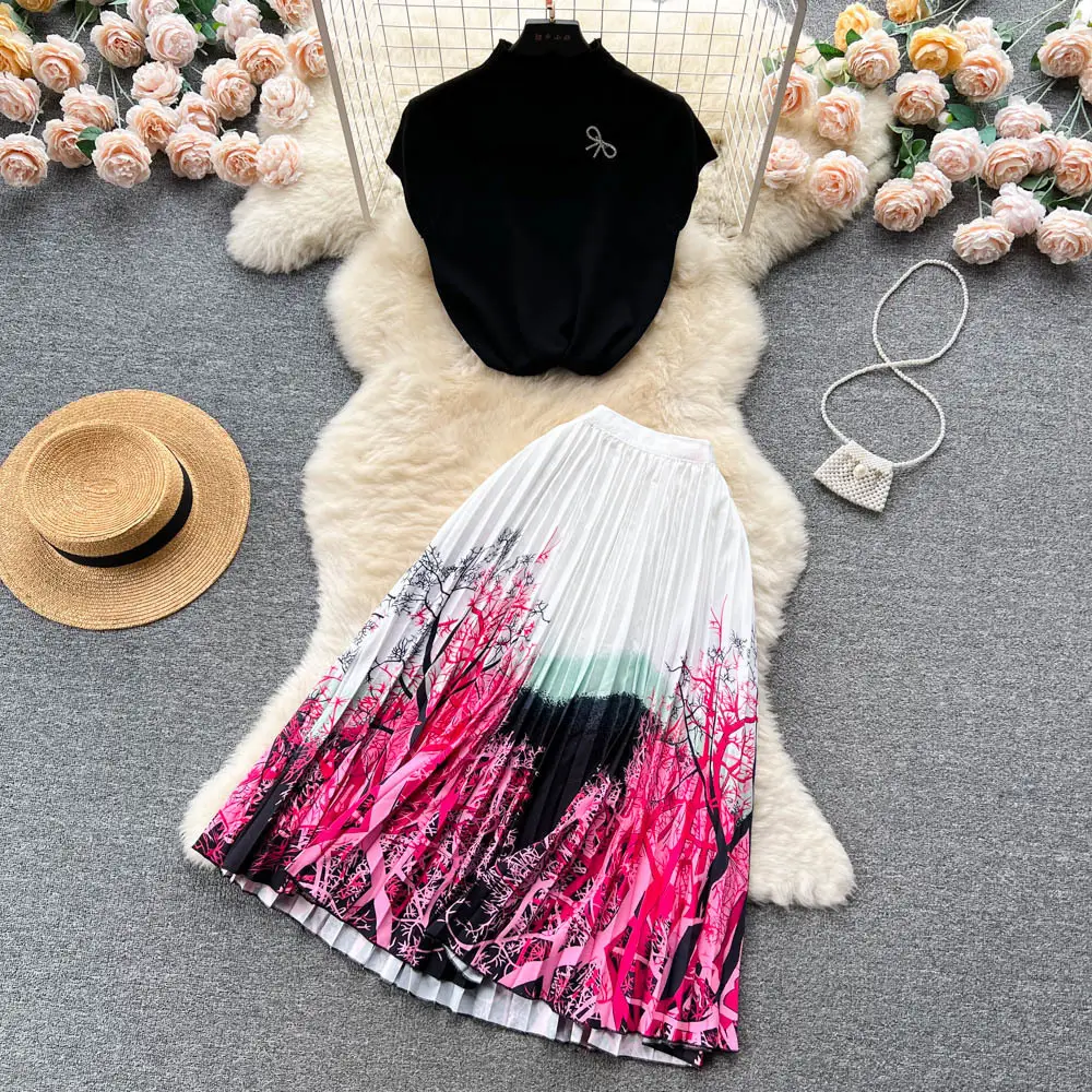 Women's Summer High-end Design Sense Niche Sleeveless Shirt Top Pleated Dress Two-piece Set