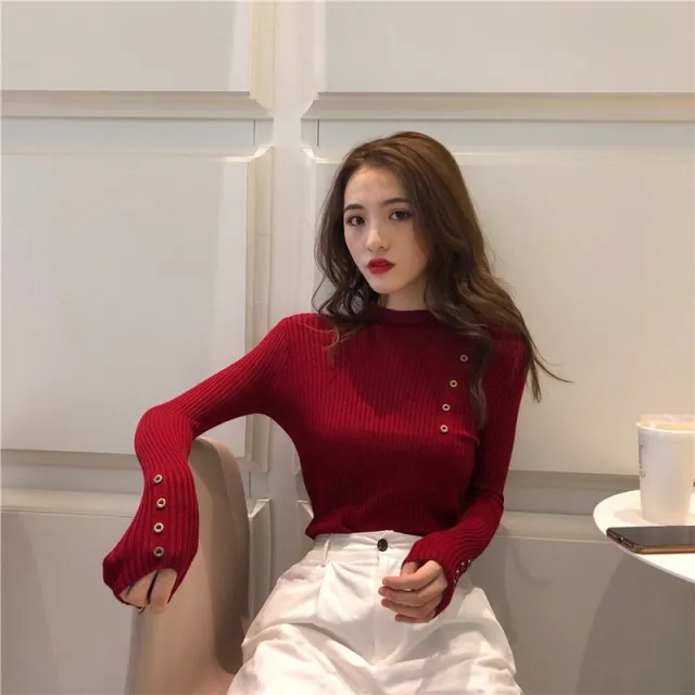 Autumn And Winter Button Half high Collar Women's Sweater Wine Red - Shop at LoveMi
