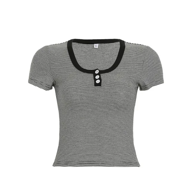 European And American Sweet Girly Style Striped Contrast Color Round Neck Three button T shirt Black - Shop at LoveMi