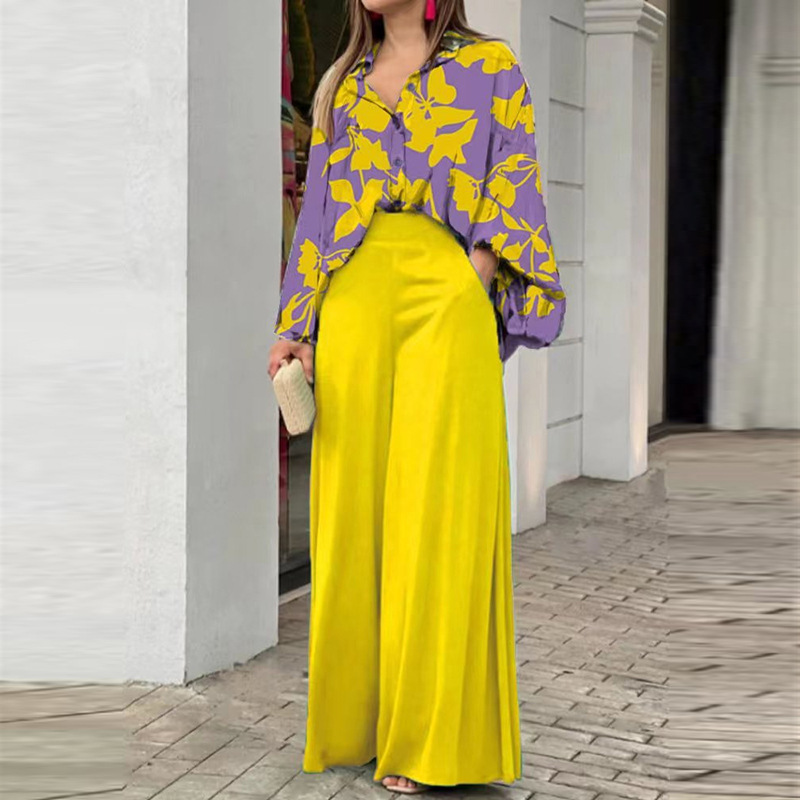 Loose And Elegant Casual Printed Shirt Top Wide Leg Pants Fashion Suit - Image 7
