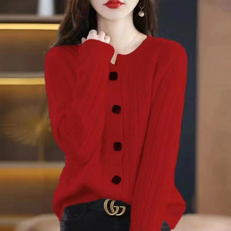 Cardigan Loose Cable knit Sweater Base Sweater Coat Top Red - Shop at LoveMi