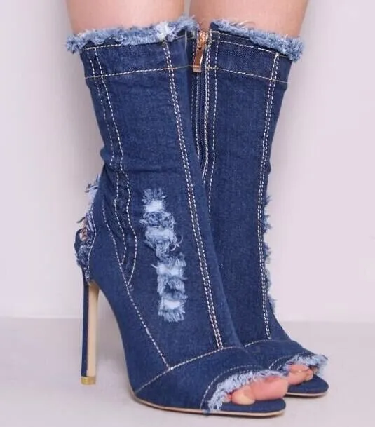 Fashion Runway Peep Toe Denim Ankle Boots Style 1 43 - Shop at LoveMi