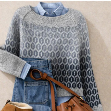 Retro Crew-Neck Knit Sweater From Europe And The US Casual Relaxed Fit Color-Block Long-Sleeve Pullover