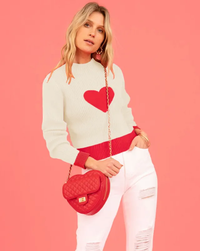 Heart Peach Round Neck Pullover Knitted Sweater White Beige - Shop at LoveMi