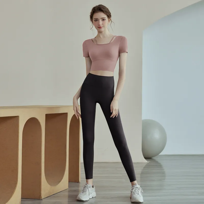 New Womens Solid-colour Short-sleeve Yoga Set - Set 5-S