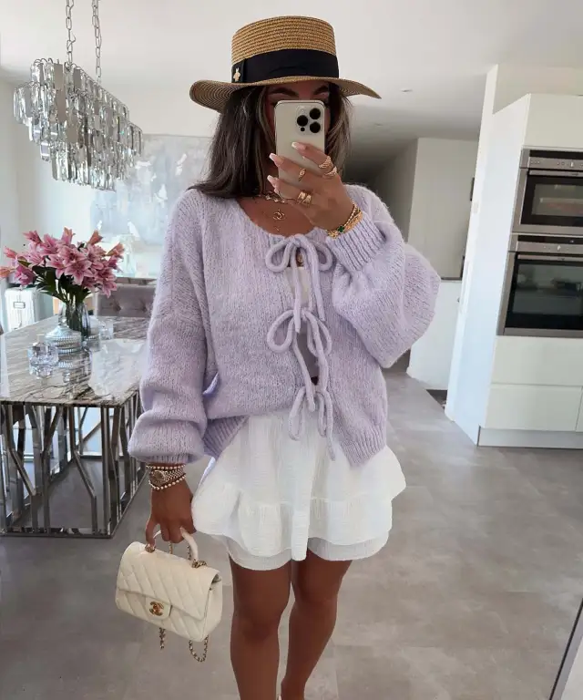Casual Knitted Bow Lace Up Cardigan Women Solid O neck Short Sleeve Hollow Out Sweater Female Autumn Lady Solid Streetwear Purple - Shop at LoveMi