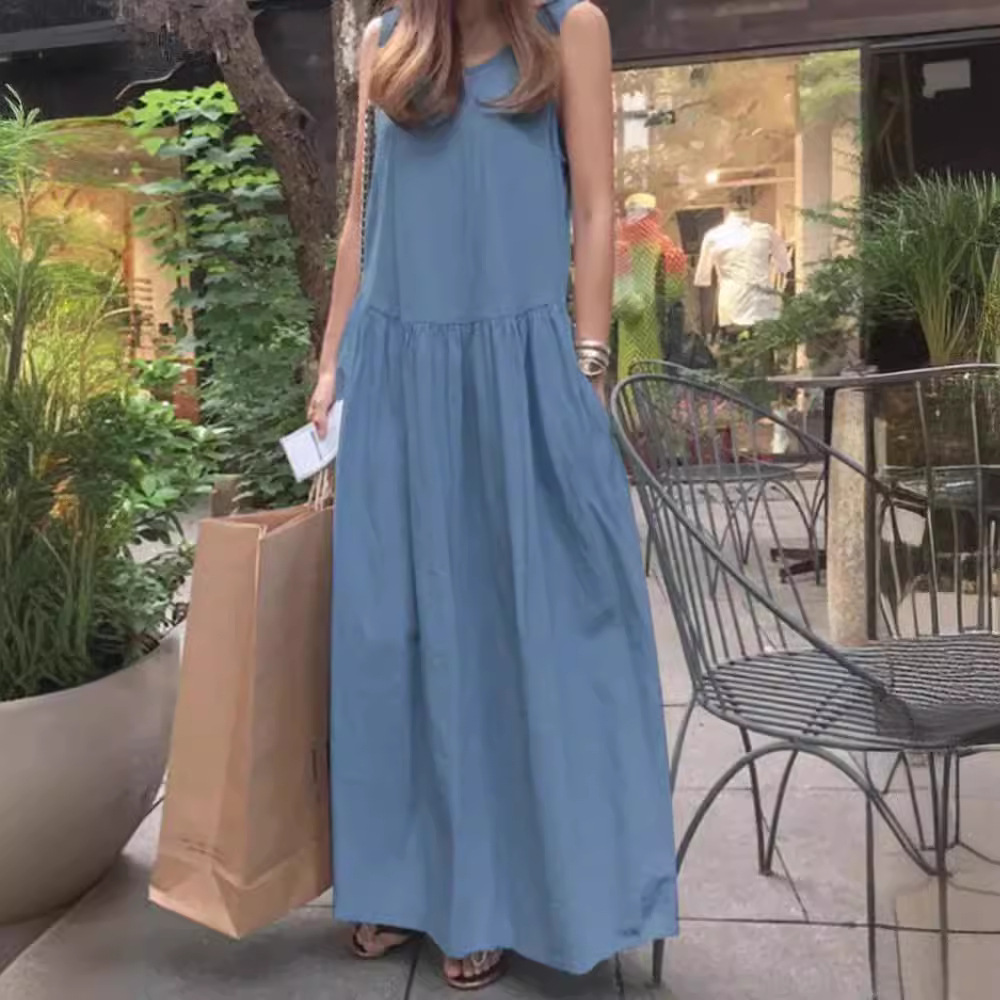 Round Neck Sleeveless Plus Size Loose Solid Color Vest Long Large Hem Dress