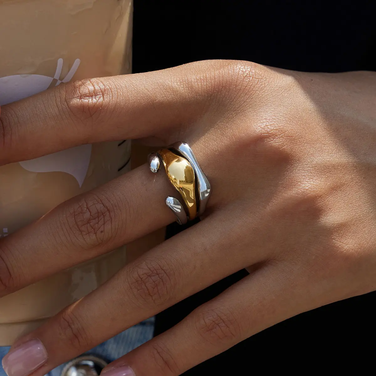 Stainless Steel Gold-and-silver Two-tone Three-layer Hollow-out Open