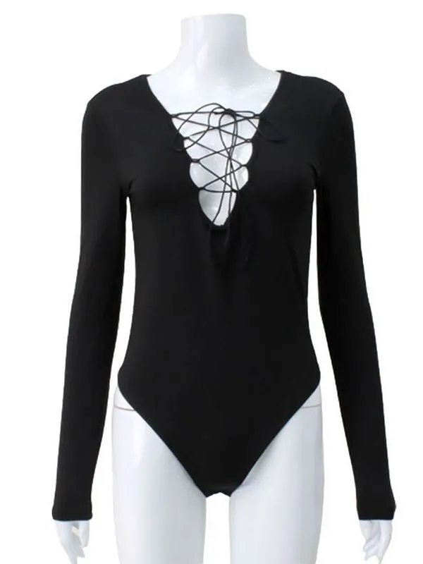 Long Sleeved Sexy Low Cut Hollow Out Tie Up Jumpsuit - Black