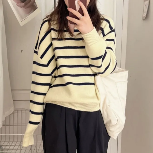 Retro Lazy Style Contrast Color Striped Collar Knitted Sweater Black Apricot - Shop at LoveMi
