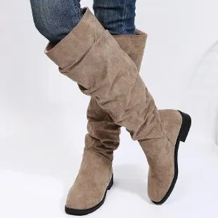 High Tube Round Toe Large Size Solid Color Chunky Heel Fashion Boots Khaki - Shop at LoveMi