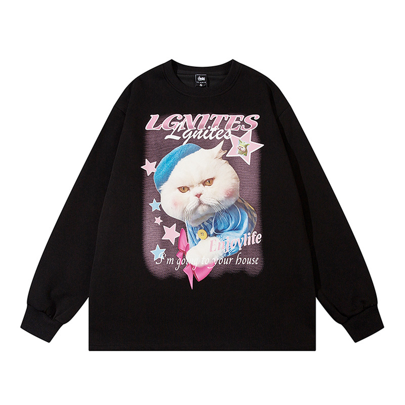 Men's Cartoon Cat Printing Couple Loose Long-sleeved Sweater Sweatshirt Men's Coat